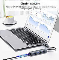 Док-станція Deepfox-2208TU 5 в 2 USB Type-C/Type-A концентратор 5 портів Мережева карта RJ45 Ethernet LAN адаптер 1000 Мбит/с, фото 6