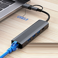 Док-станція Deepfox-2208TU 5 в 2 USB Type-C/Type-A концентратор 5 портів Мережева карта RJ45 Ethernet LAN адаптер 1000 Мбит/с, фото 8