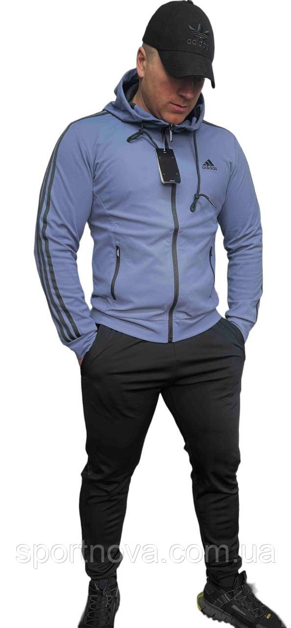 Спортивний костюм чоловічий Adidas з капюшоном (тканина дайвінг, штани з манжетом) блакитний із чорним