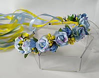 Обруч синьо-жовтий зі стрічками український віночок на голову Жовто-Блакитний віночок з дрібних квітів.