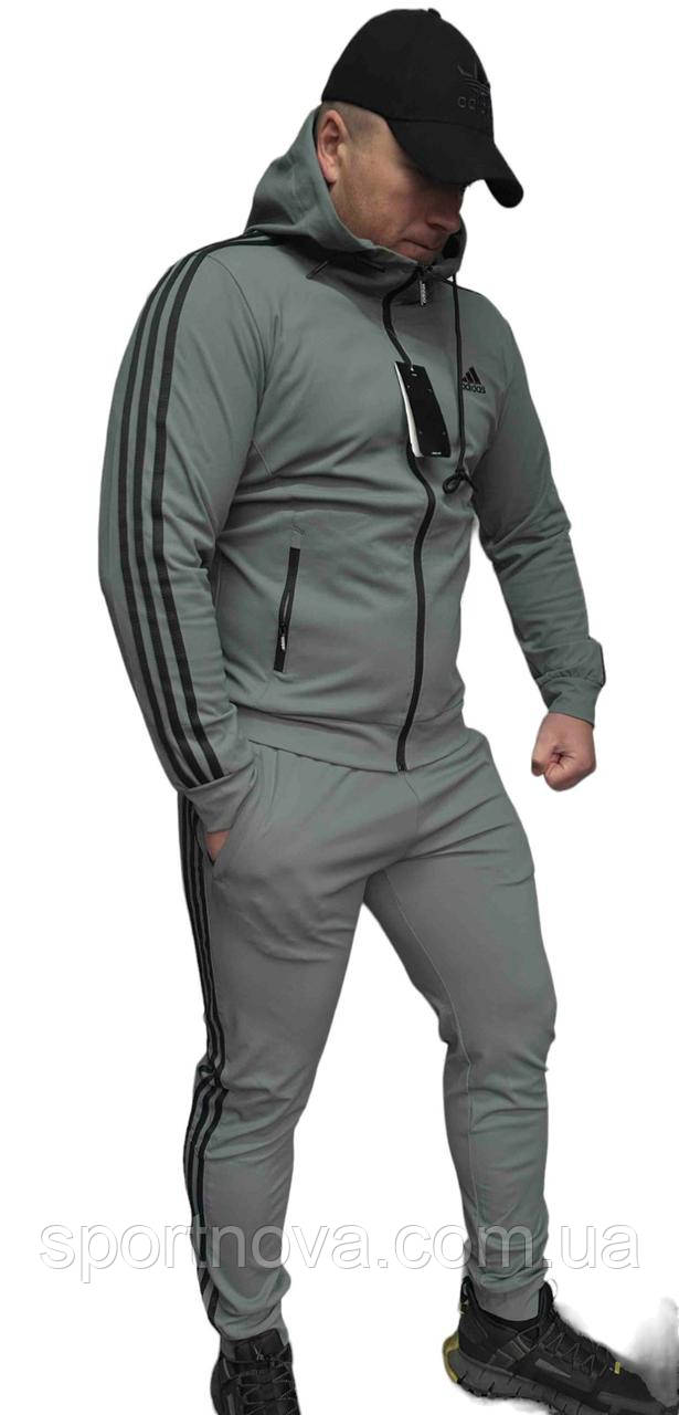 Спортивний костюм чоловічий Adidas з капюшоном (тканина дайвінг, штани з манжетом) сірий із чорними лампасами