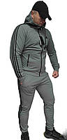 Спортивный костюм мужской Adidas с капюшоном (ткань дайвинг, брюки с манжетом) серый с черными лампасами