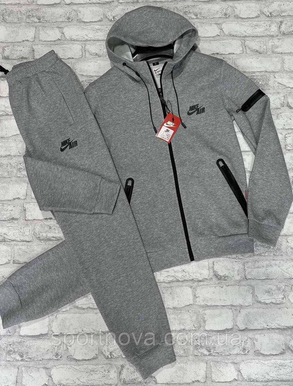 Спортивний костюм чоловічий "Nike" з капюшоном (тканина інтерлок, штани з манжетом) сірий із чорними логотипами, фото 1