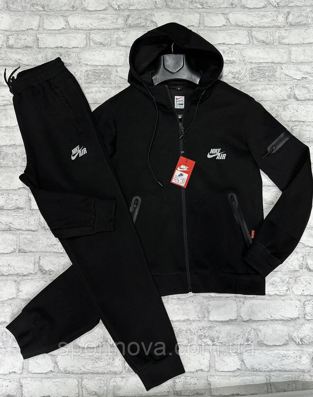 Спортивний костюм чоловічий Nike Air з капюшоном (тканина інтерлок, штани з манжетом) чорний із білим логотипом, фото 1