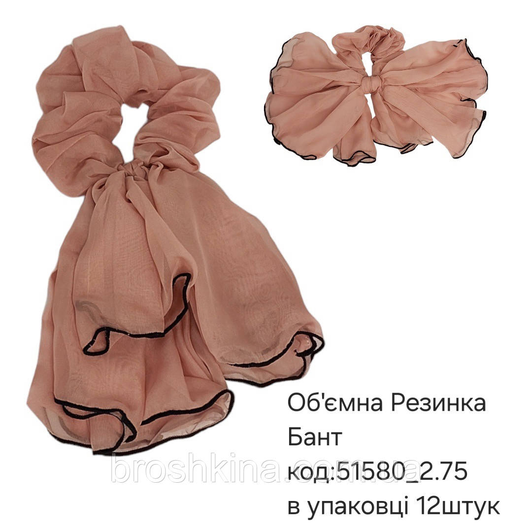 Об'ємна гумка шифон БАНТ ТЕМНА-ПУДРА, фото 1