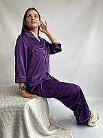 Нежный домашний костюм-пижама рубашка+штаны шелк Армани фиолетовый