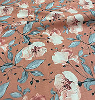 Ткань хлопковая тефлоновая цветы терракотовая для скатертей, штор, декора, чехлов, подушек