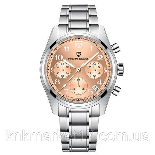 Кварцовий водонепроникний (100м) годинник з хронографом Pagani Design PD-1773 Silver-Pink, фото 1
