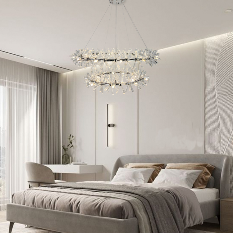 Підвісна срібляста люстра  ALMA  на 2 кільця з кришталевими  паличками, фото 1