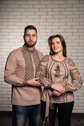 Бежева жіноча сорочка з вишивкою, Стильна жіноча вишиванка льняна блузка бежевого кольору з поясом, фото 3