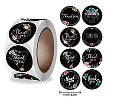 Наліпки на бобіні "Thank you" чорні з квітами 500шт/рул., діаметр 2,5 см