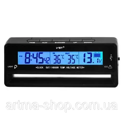 Автогодинник VST-7010V, вольтметр, 2 термометри, чорний (VST 7010 V)