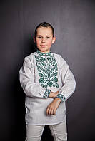 Вышиванка для мальчика подростка белая с зелёной вышивкой 158