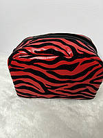 Жіноча косметичка червона з екошкіри на блискавці з підкладкою з тигровим принтом для косметики