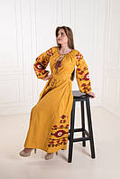 Длинное нарядное Платье горчичного цвета Украинская женская вышиванка, Етно модерн вишиванки, XL