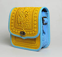 Кожаная женская сумка ручной работы "Дубок", желто-голубая сумка, сумка через плечо желтая с голубым