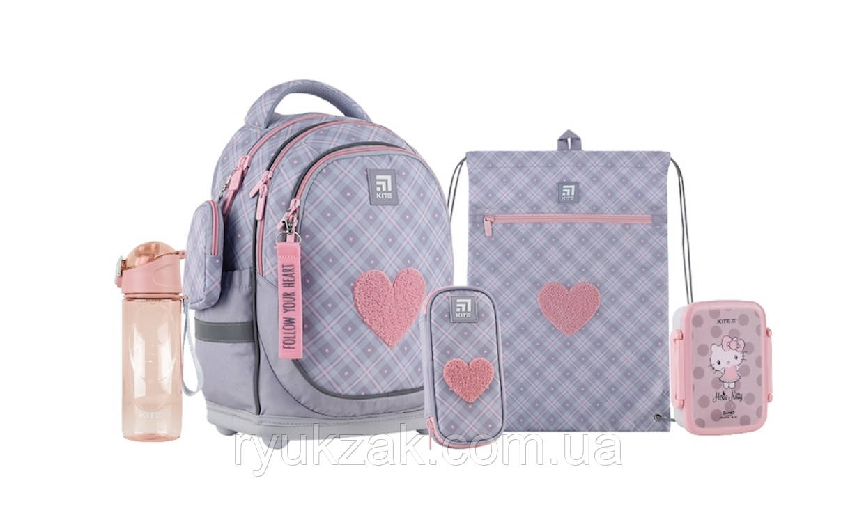 Шкільний набір Kite Fluffy Heart (рюкзак, пенал, сумка, ланчбокс, пляшка) SET_K24-724S-1