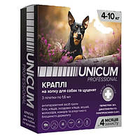 Капли Unicum PRO от блох и клещей на холку для собак от 4 кг до 10 кг, 3 пипетки