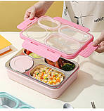 Ланчбокс на 4 герметичних секції з металевою основою, супницею Just-M 950 мл, рожевий, фото 3