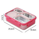 Ланчбокс на 4 герметичних секції з металевою основою, супницею Just-M 950 мл, рожевий, фото 4