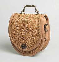 Кожаная женская сумка ручной работы "Калина", бежевая сумка с металлом и кованой ручкой, сумка через плечо