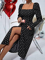 Женское платье лёгкое принт в мелкий горошек оригинальные рукава цвет белый и чёрный с разрезом на ноге