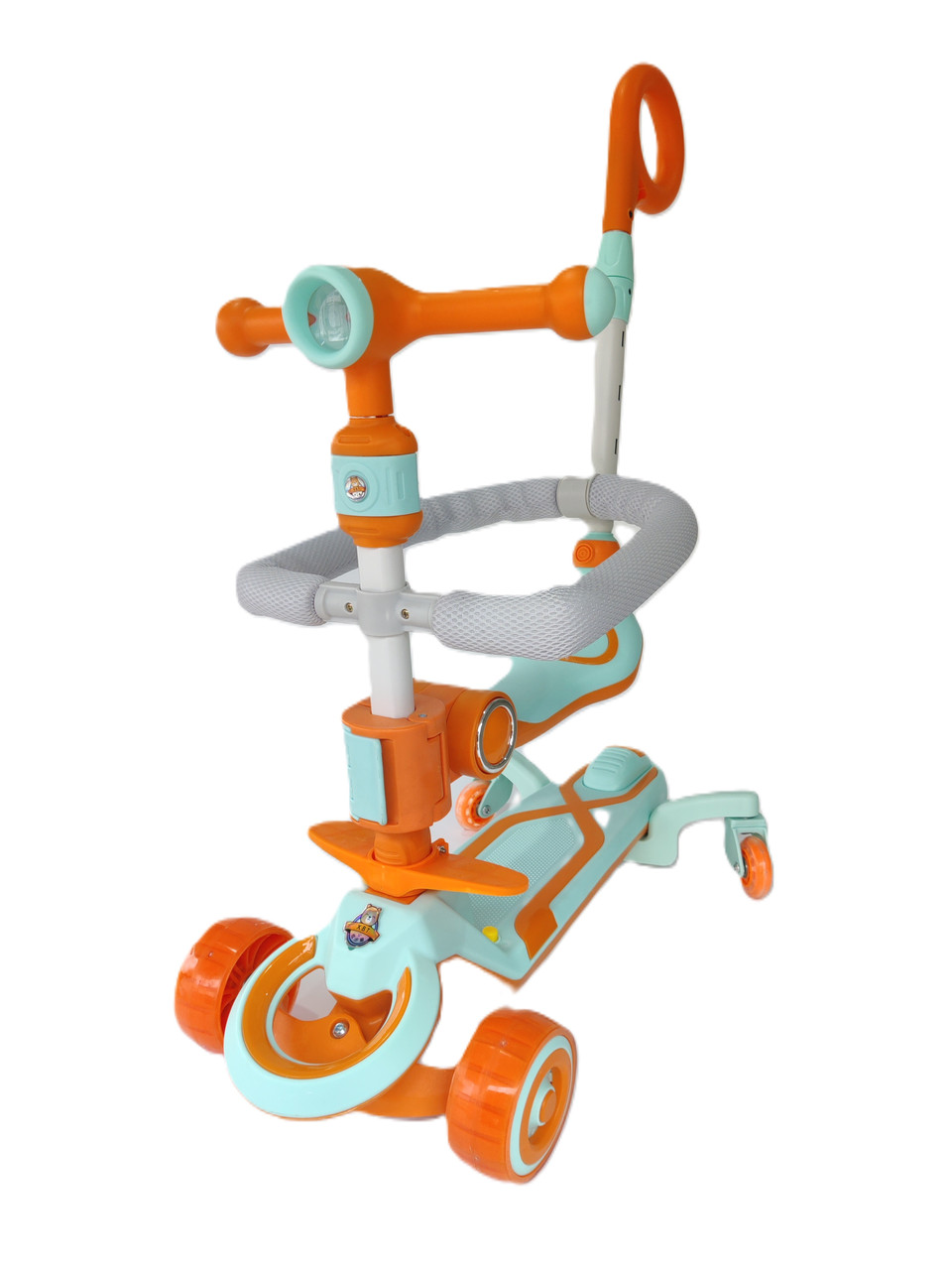 Дитячий самокат-біговел з бортиком і батьківською ручкою, музичний із підсвіткою, фото 1