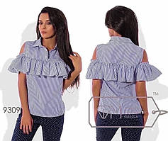 Модна літня блуза з воланом та відкритими плечима у кольорах, розміри 42 - 54