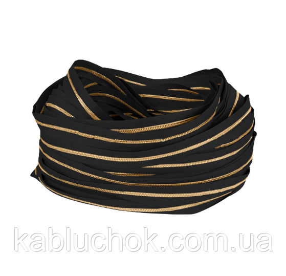 Блискавка № 5 двобічна сумкова колір чорний/золото, металева метражна від 1 м (04M-5 ), фото 1
