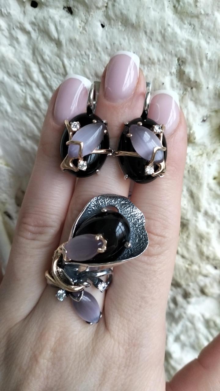 Срібний комплект Якуб з оніксом і бузковим улекситом, фото 1