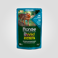 Влажный корм Monge Cat Wet Bwild Grain Free Sterilised для стерилизованных кошек, тунец с овощами, пауч, 85 г