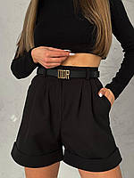 Чёрные женские свободные демисезонные короткие шорты высокой посадки с карманами из костюмки