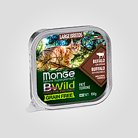 Влажный беззерновой корм Monge BWild Wet для кошек крупных пород с 2-х месяцев, буйвол, пауч, 85 г