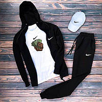 Мужской чёрный спортивный костюм Nike весна-осень, Чёрный комплект Найк 4в1 Костюм + Футболка и Кепка (б niki