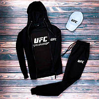 Мужской чёрный спортивный костюм UFC весна-осень 4в1, Модный чёрный комплект ЮФС Костюм+Футболка+Кепка ( niki