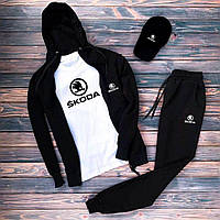 Мужской демисезонный спортивный костюм Skoda чёрный, Весенний комплект Шкода 4в1 Костюм+Кепка+Футболка ( niki