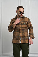 Мужская байковая коричневая рубашка в клетку демисезонная , Свободная рубашка коричневая клетчатая стиль niki