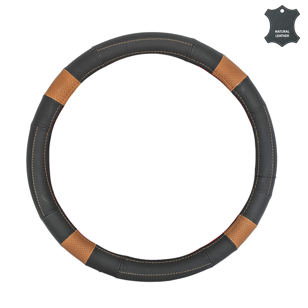 Чохол на кермо 38 см М шкіряний чорний (коричневі вставки, перфорація) Elegant Plus EL 105 796, фото 1