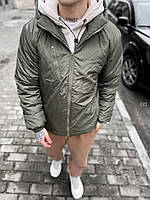 Демісезонна чоловіча куртка кольору хакі плащівка з капюшоном, Стильна весняно-осіння куртка хакі на синтепуху