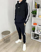 Мужской чёрный спортивный костюм Adidas весенне-осенний с лампасами, Чёрный модный комплект Адидас Худи+ niki