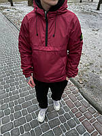 Мужской бордовый анорак Stone Island весенне-осенний с капюшоном, Бордовая куртка-анорак Стоун Айленд пл niki