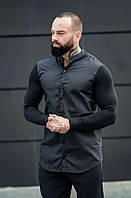 Мужская классическая рубашка черная котоновая воротник-стойка ,Удобная черная рубашка приталенная демисе trek
