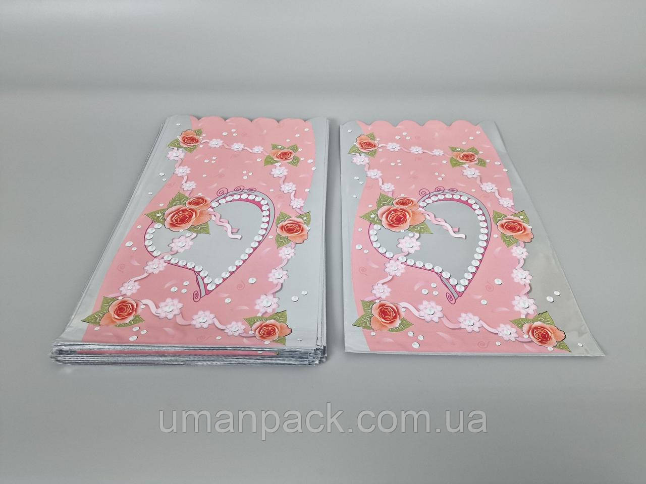 Пакет із малюнком для пакування подарунків (20*35) No422 (2) фольгований (ажурний) "Троянди та серце" (100 шт.)