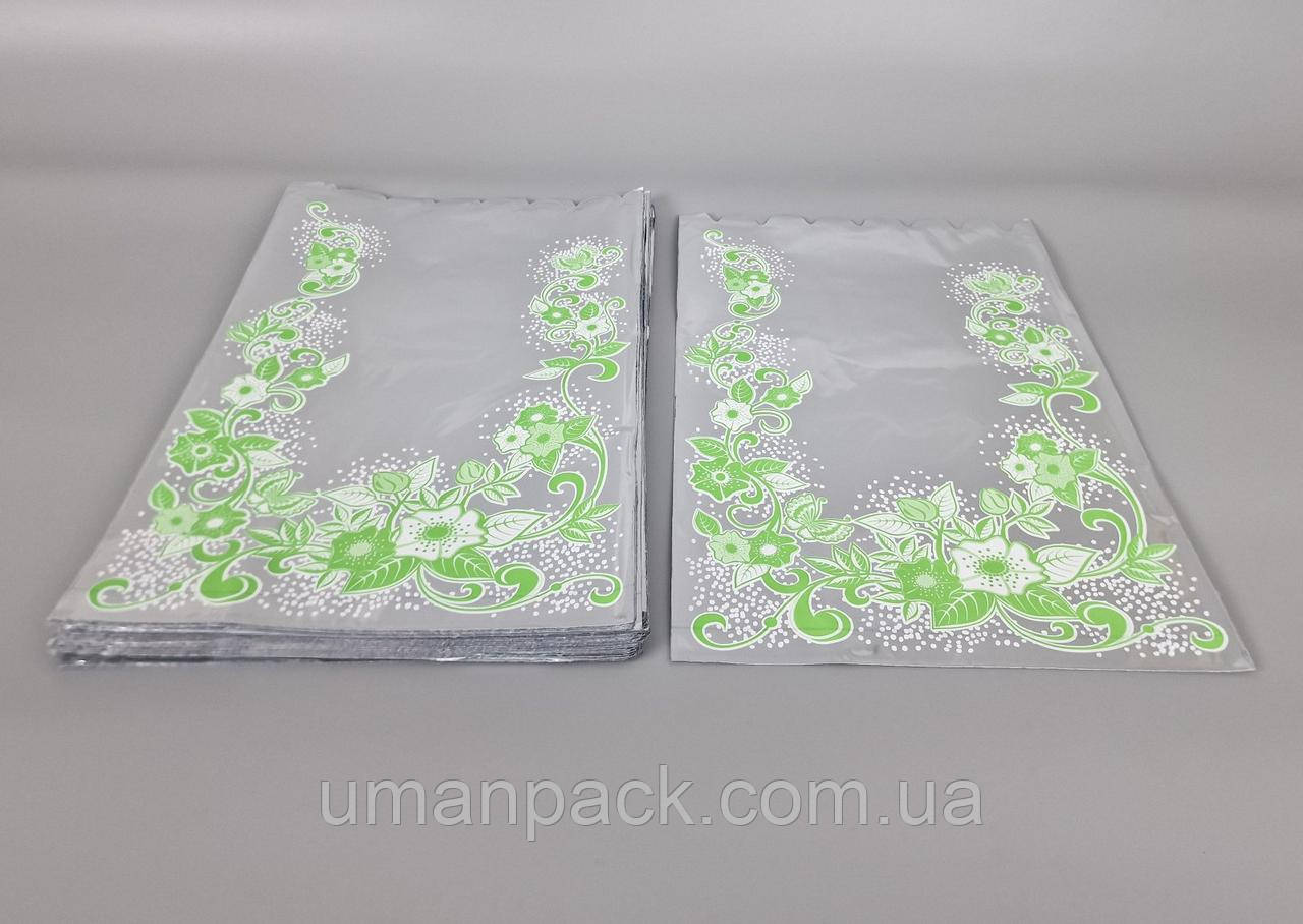 Пакет із малюнком для пакування подарунків (25*40) No427 (2) фольгований (ажурний) "Зелений візерунок" (100 шт.)