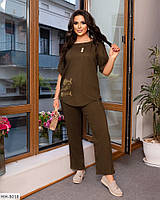 Костюм брючный женский блузка-футболка и прямые брюки с карманами лен стрейч большие размеры 48-58 арт 055