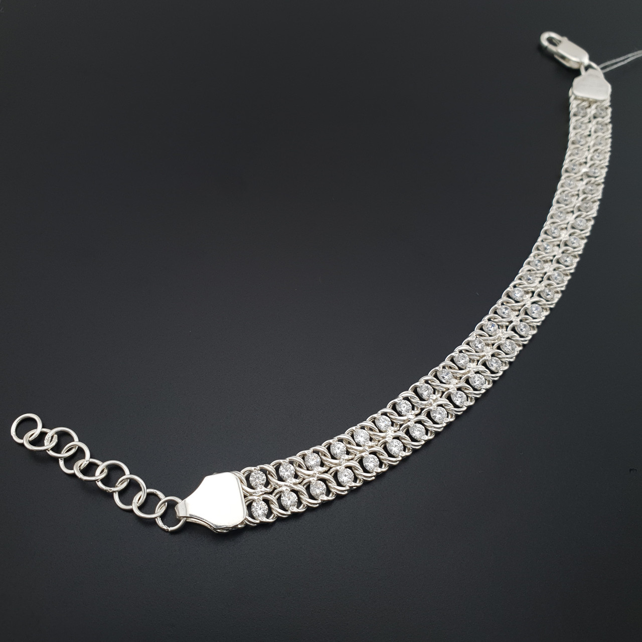 Жіночий срібний браслет подвійний арабський бісмарк з білими камінцями. Регульований 17 - 20 см. Срібло 925, фото 1