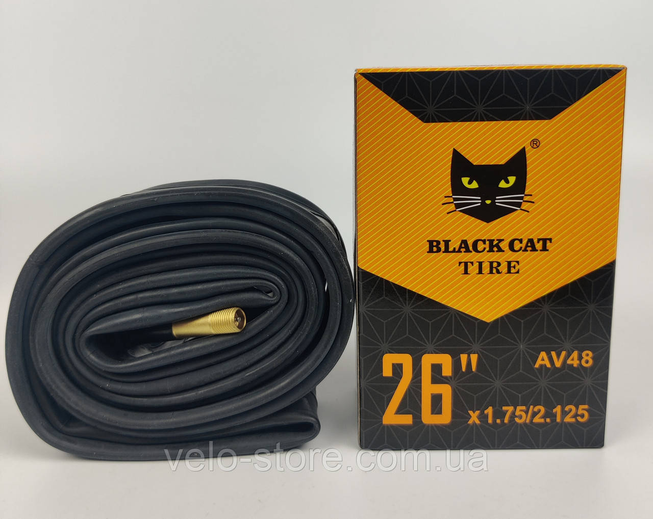 Велокамера 26х1.75 - 2.125 AV 48 Black Cat. Камера для велосипеда 26. Велосипедна камера 26, фото 1