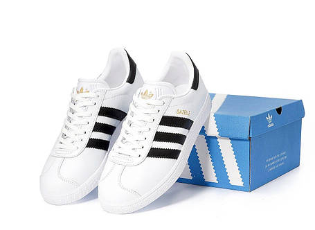 Кросівки жіночі Adidas Gazelle White Black Адідас Газель низькі снікерс біло-чорні шкіра демісезон, фото 1