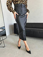 Женская юбка карандаш миди "Вайт" с эко кожи (Размеры 42,44,46,48), Черная
