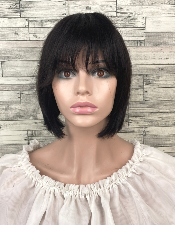 Перука чорна з натурального волосся з імітацією роста волосся проділ каре, фото 1